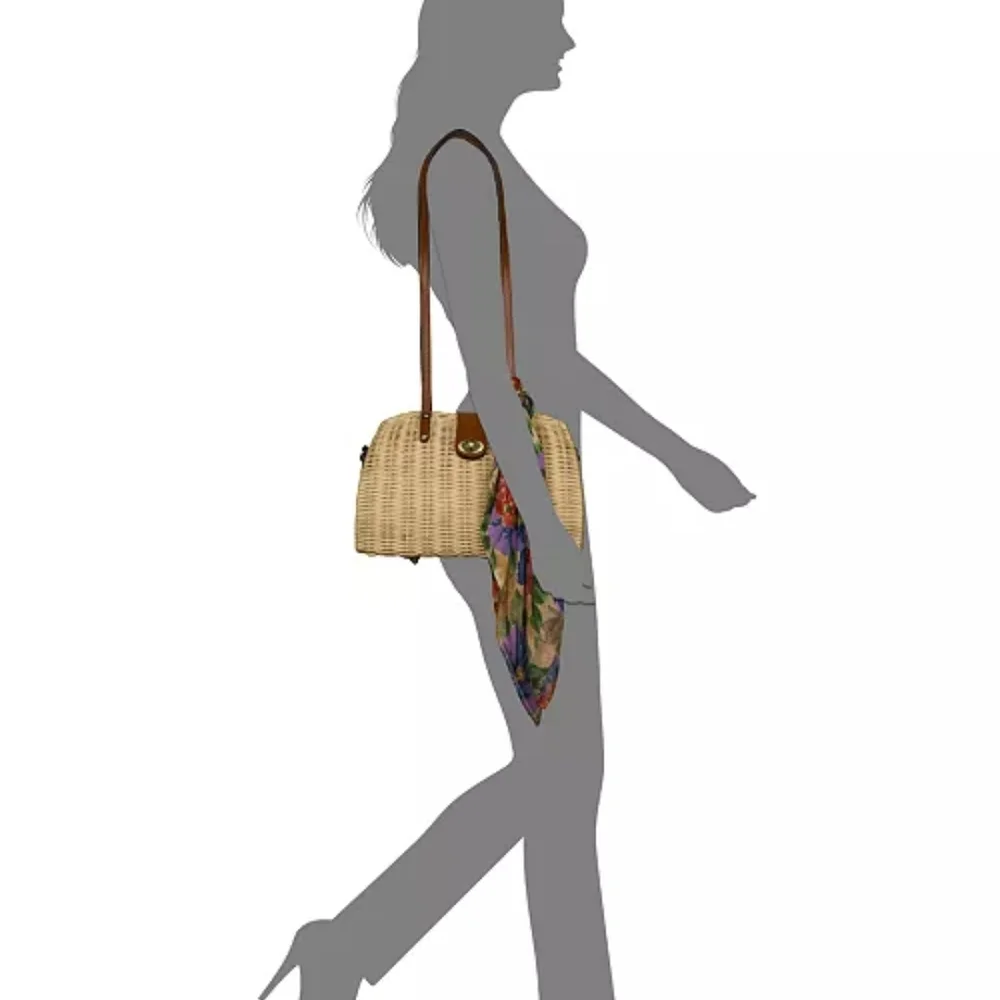 Patricia Nash Beige Wicker Woven Shoulder Bag with Floral Scarf